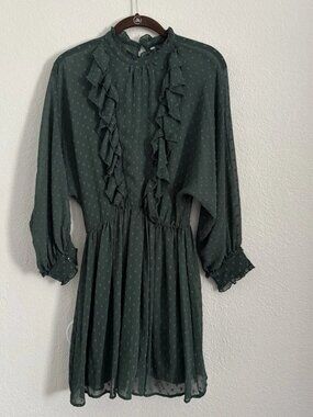 NWT Zara Women's Size XS Green Ruffle Detail Long Sleeve Dress